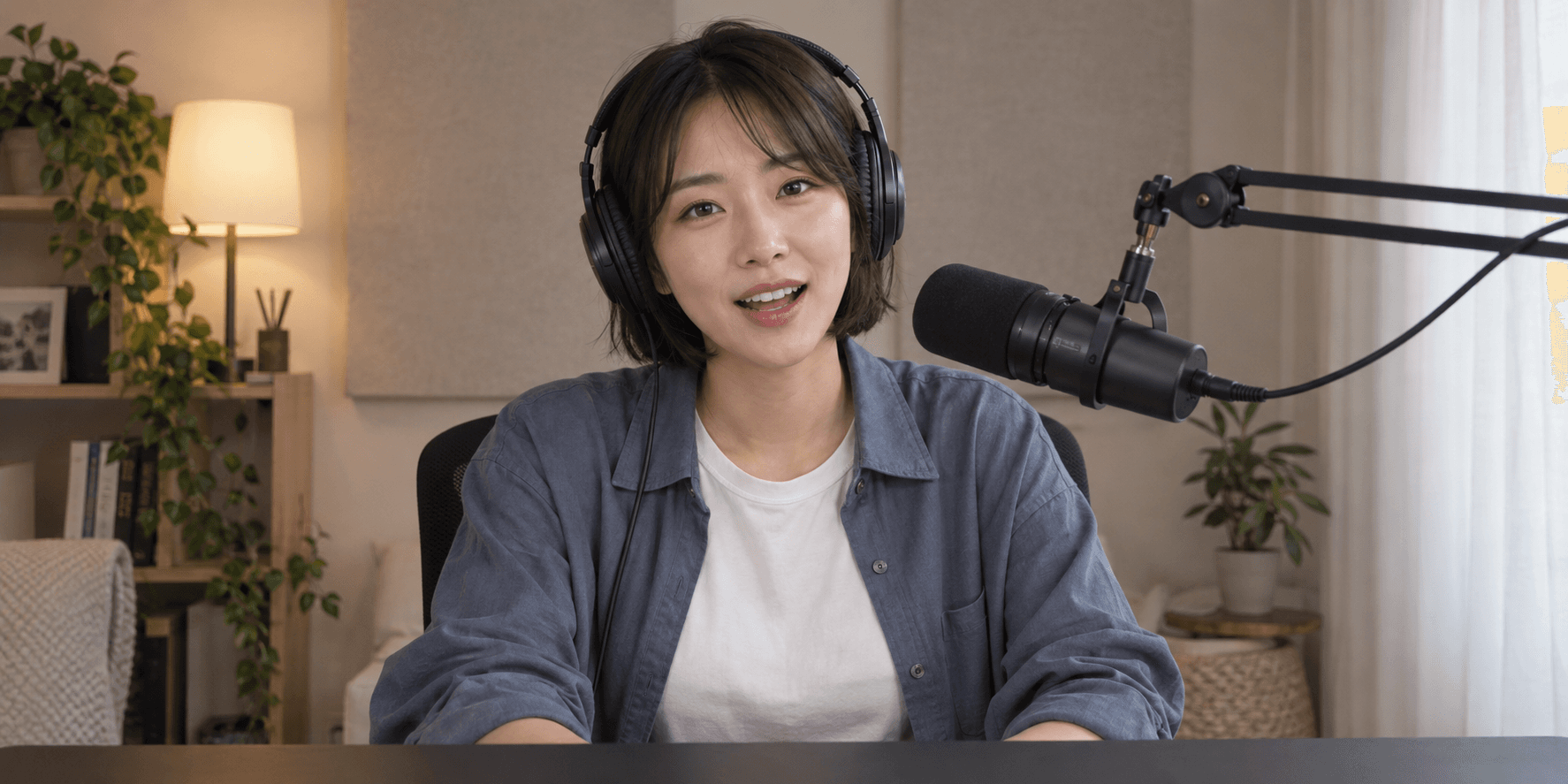 헤드폰을 쓰고 마이크로 이야기하는 여성 스트리머의 방송 장면 예시